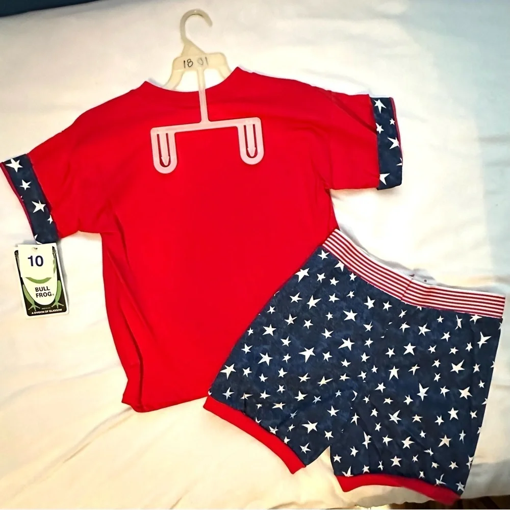 Vintage Bull Frog Girls Outfit Shorts & Tshirt 10 USA Red White Blue Stars Flag